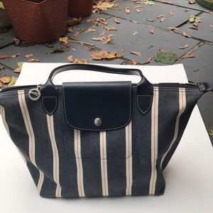 Vintage Longchamp cloth blue tan & red stripe satchel bag - unique